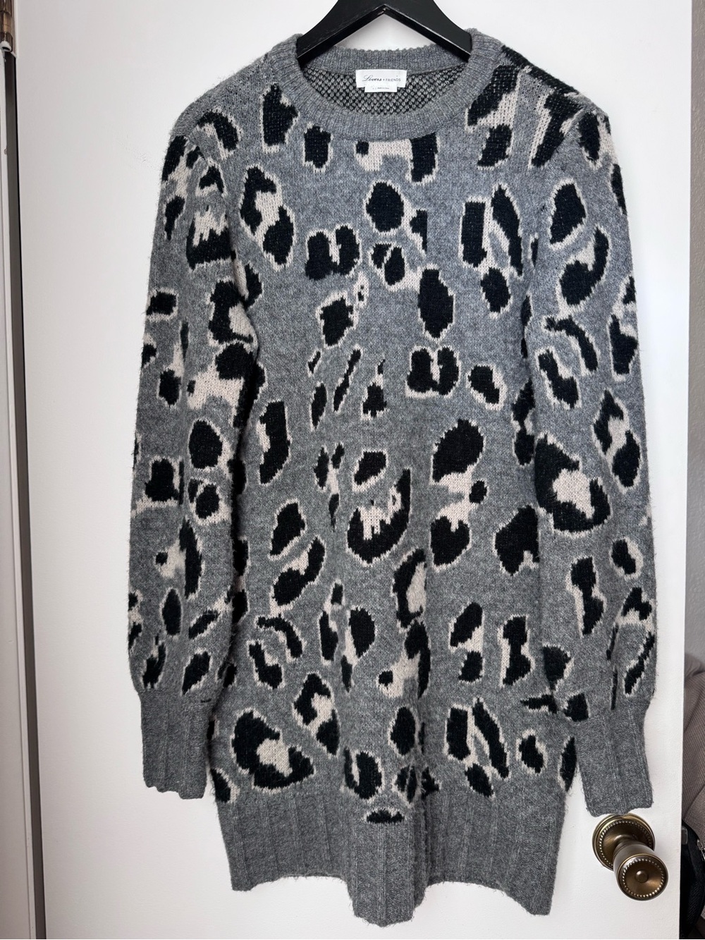 Lovers + Friends Grey Black Cream Leopard Crewneck Sweater